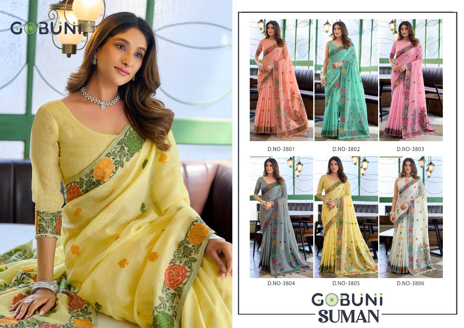 SUMAN BY GOBUNI 3801 To 3806  Series Indian Traditional Wear Collection Beautiful Stylish Fancy Colorful Occasional Wear Linen Jacquard Sarees At Wholesale Price